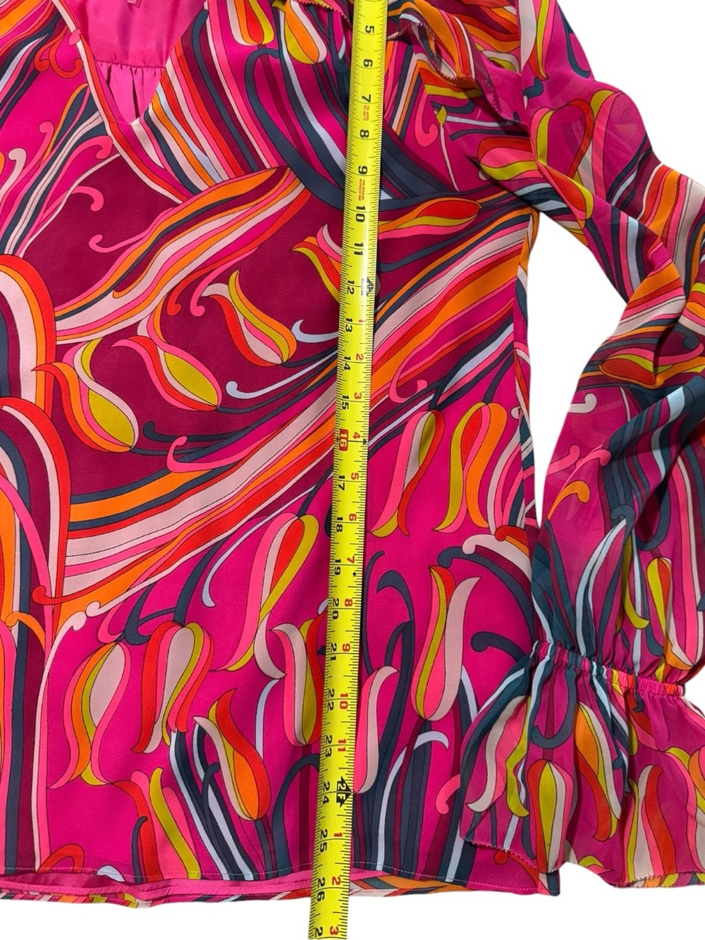 Trina Turk Silk Blouse Pink Orange Psychedelic Swirl Print Long Sleeve Size L - Picture 7 of 8